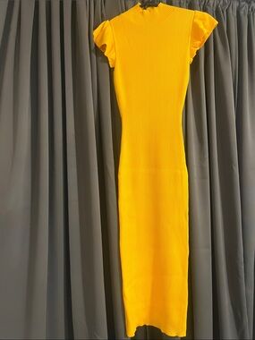 Fashion Nova Yellow Ribbed Maxi Dress with Flutter Sleeves